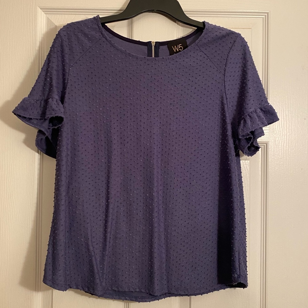 Blue Top with Ruffled Sleeves. Dotted Design. Size Large